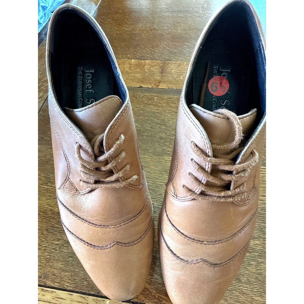 Josef Seibel Womens Tan Leather Lace Up Wingtip Oxford Stacked Cone Heels 6.5